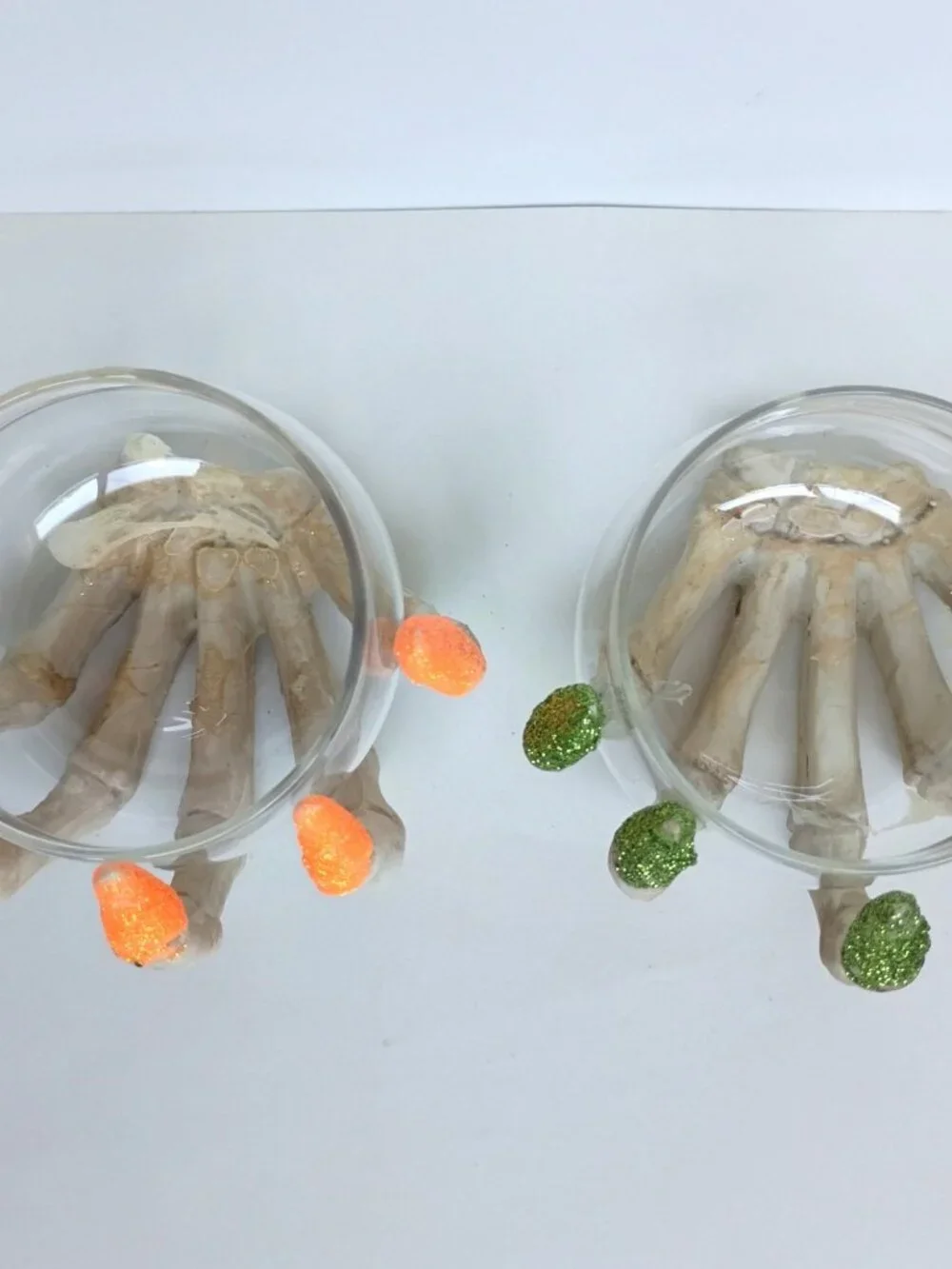 Set of 2 Halloween Ghoul Skelton Hand Glitter Nails Orange Green Candle Holders